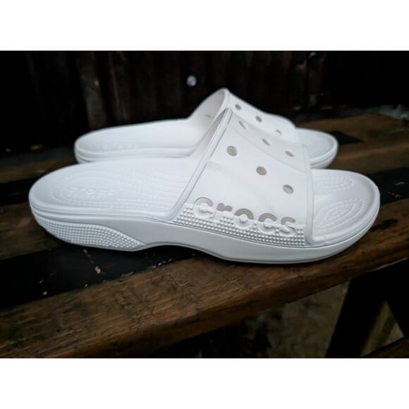 Crocs Baya Slide Slip On Sandals Mens 9 Womens 11 White Pool Comfort Spell Out - Picture 1 of 6
